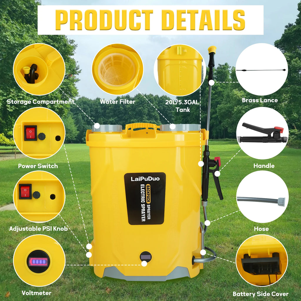 Battery Powered Backpack Sprayer 5.3 Gallon 0-100 PSI