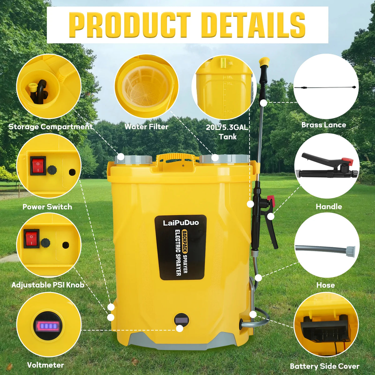 Battery Powered Backpack Sprayer 5.3 Gallon 0-100 PSI